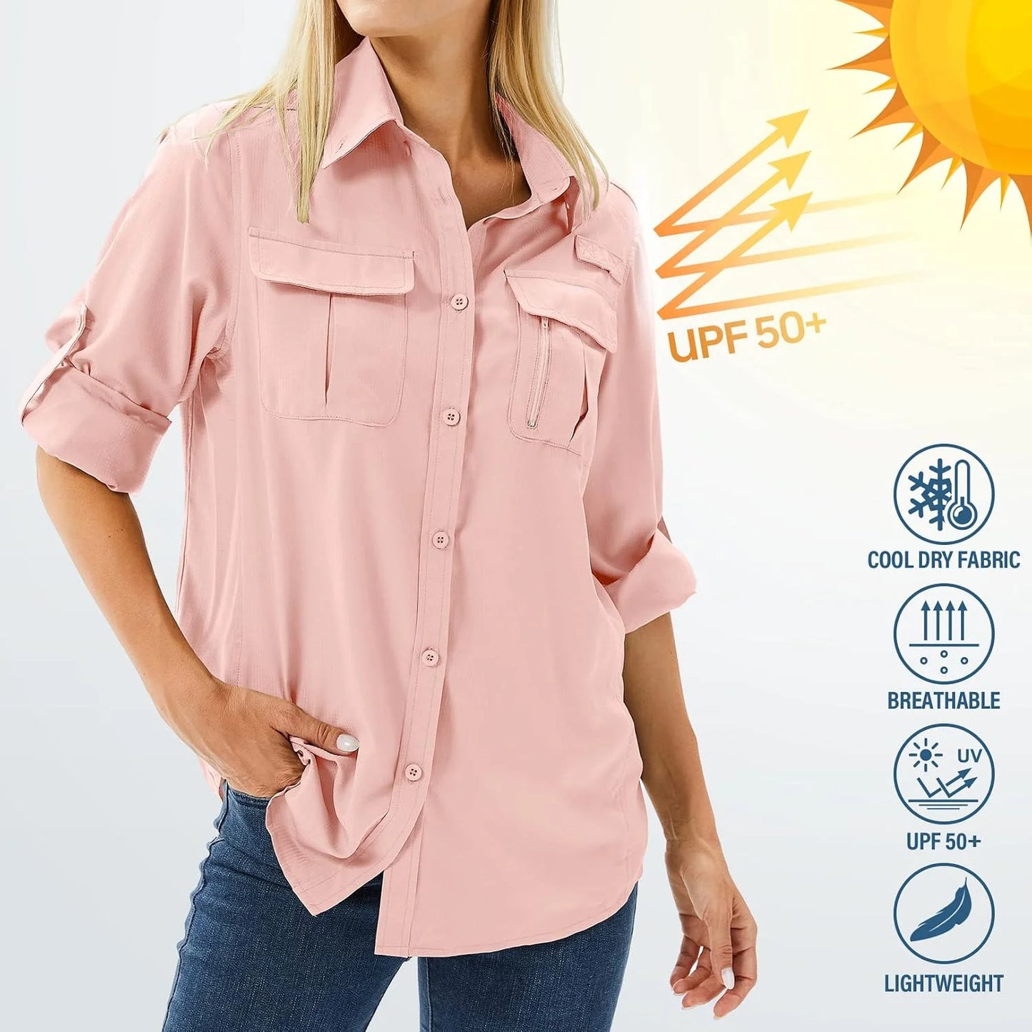 Women's UPF 50 Long Sleeve Sun Protection Safari Fish Hiking Shirts