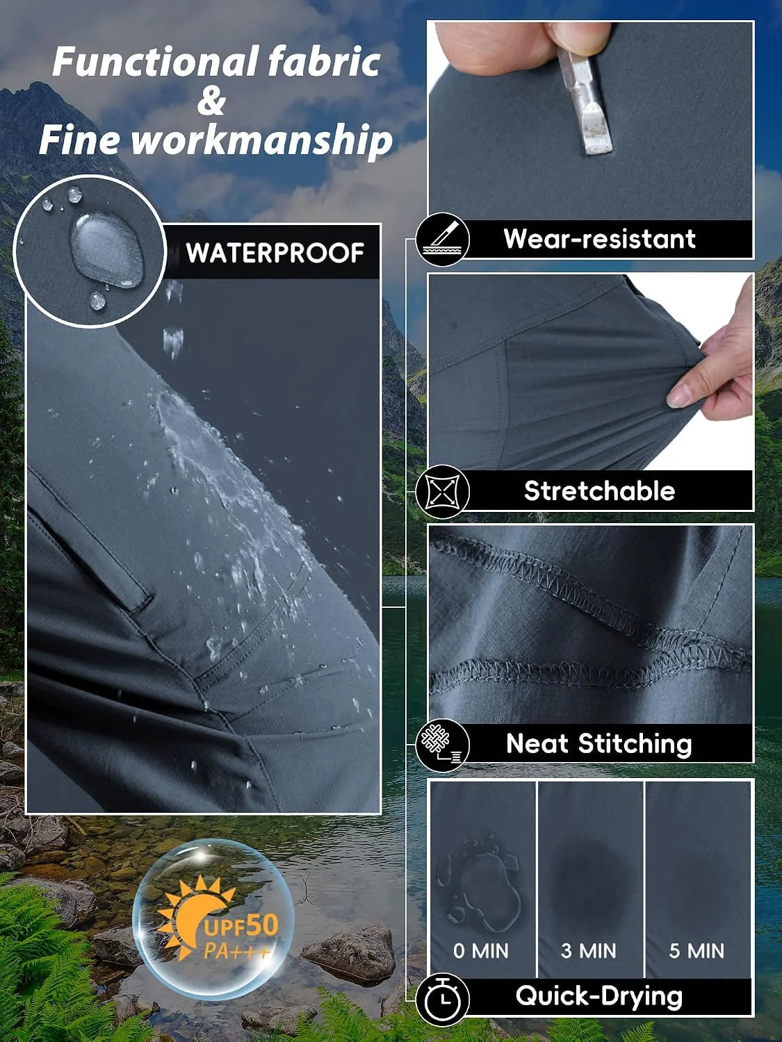 Mens Hiking Pants Lightweight Cargo Work Tactical Nylon Stretch Waterproof Quick Dry Fishing Travel Outdoor 6 Pockets