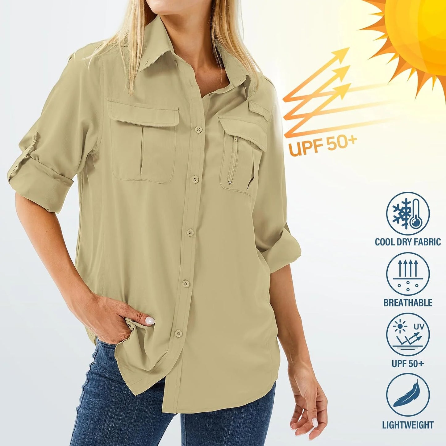 Women's UPF 50 Long Sleeve Sun Protection Safari Fish Hiking Shirts