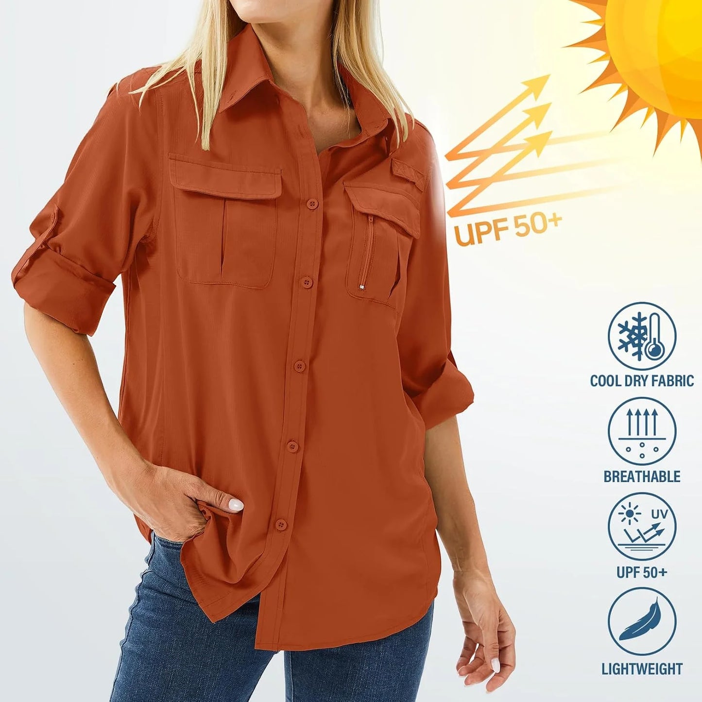 Women's UPF 50 Long Sleeve Sun Protection Safari Fish Hiking Shirts