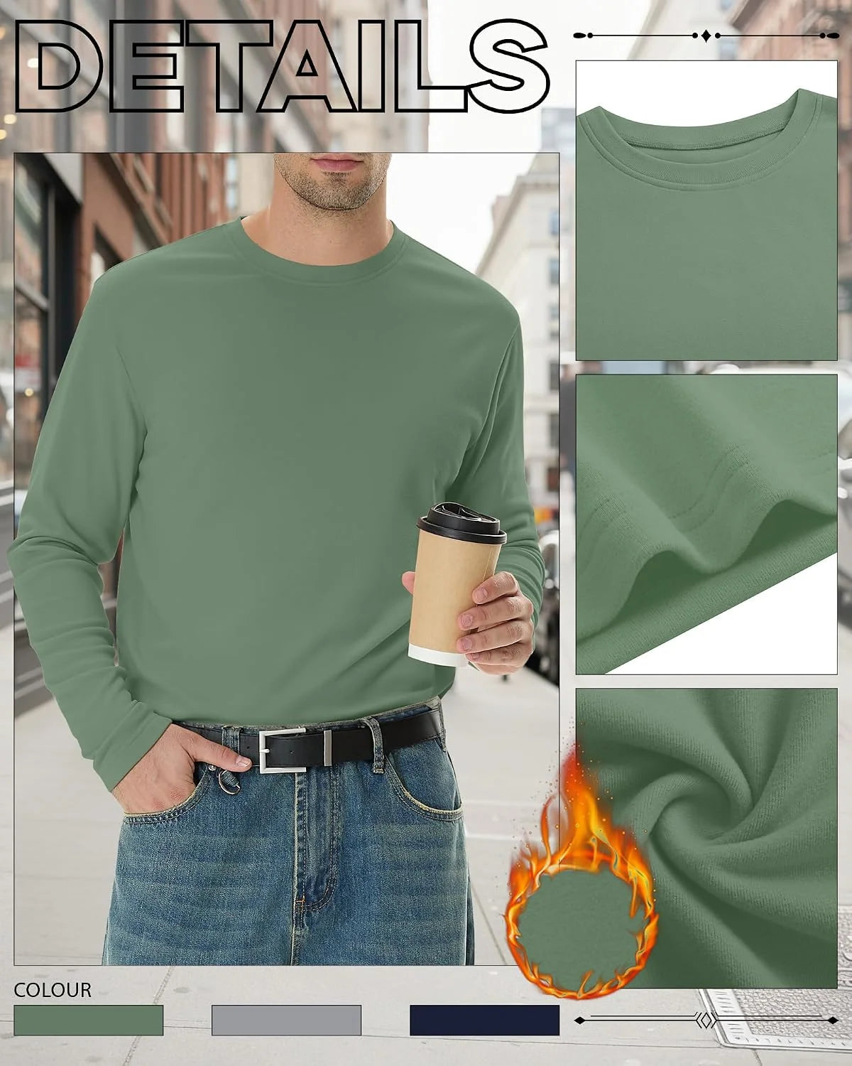 3 Pack Mens Long Sleeve Thermal Shirts Crew Neck Tops