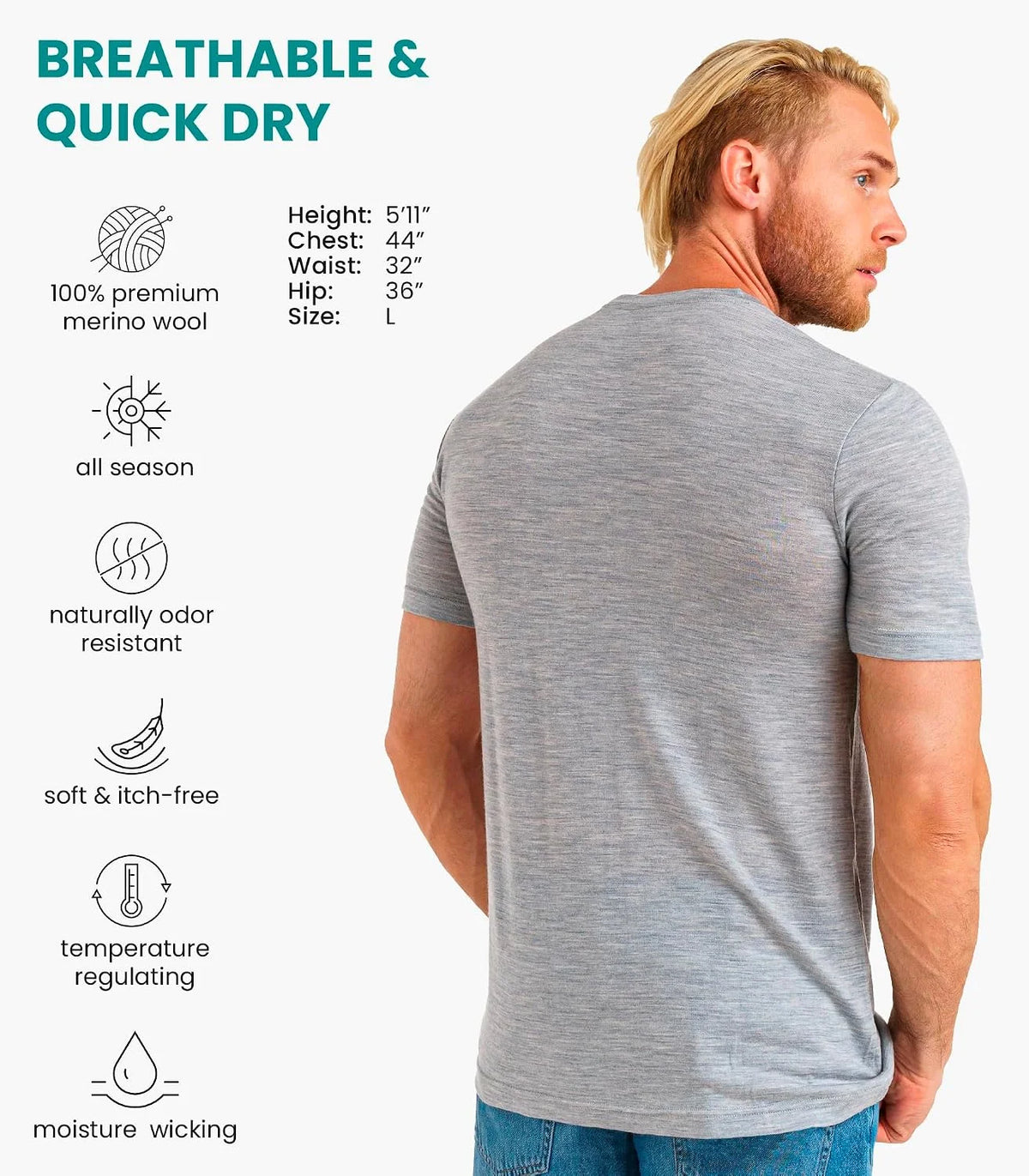 100% Merino Wool T-Shirt Men - Short Sleeve Undershirt Base Layer Top