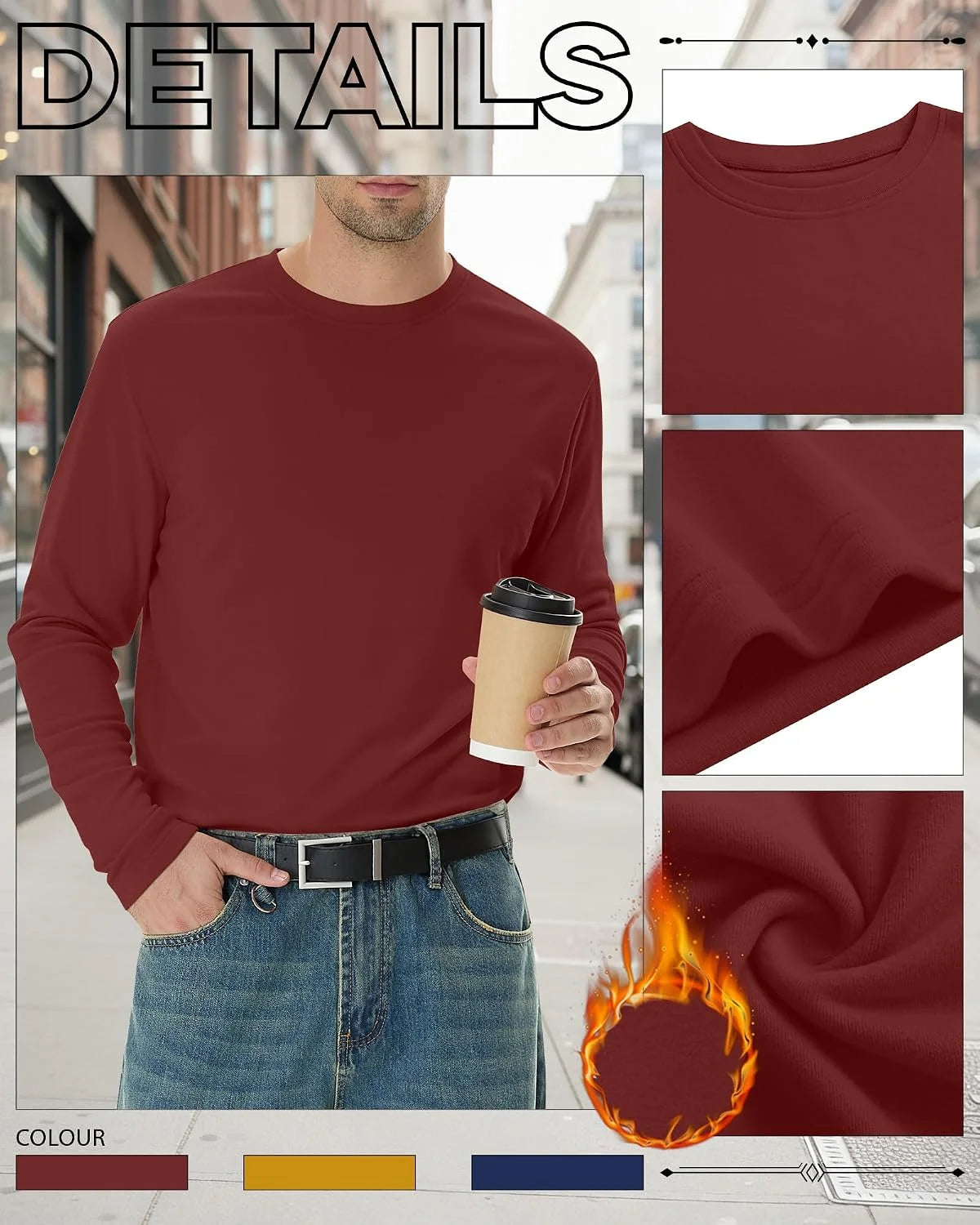 3 Pack Mens Long Sleeve Thermal Shirts Crew Neck Tops