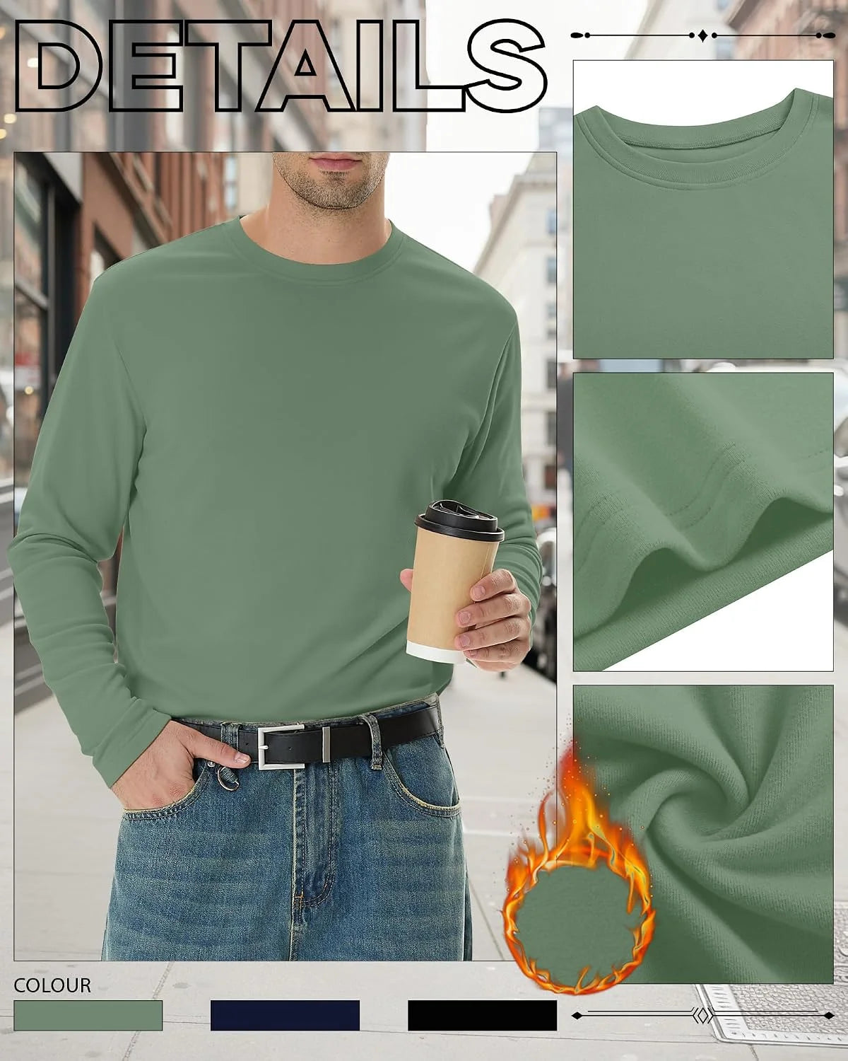3 Pack Mens Long Sleeve Thermal Shirts Crew Neck Tops
