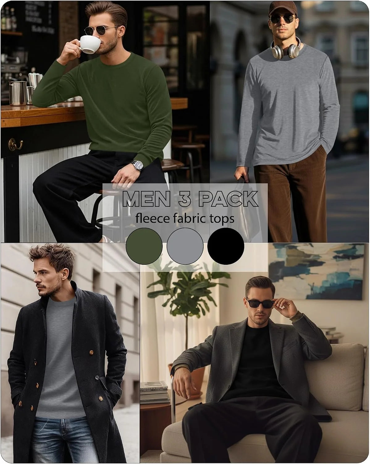 3 Pack Mens Long Sleeve Thermal Shirts Crew Neck Tops