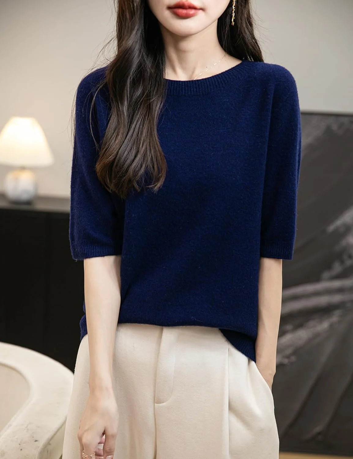 Chanyarn Women's 100% Merino Wool Spring Fall Winter First-Line Ready to Wear Seamless Knit Crewneck Short Sleeve Sweater