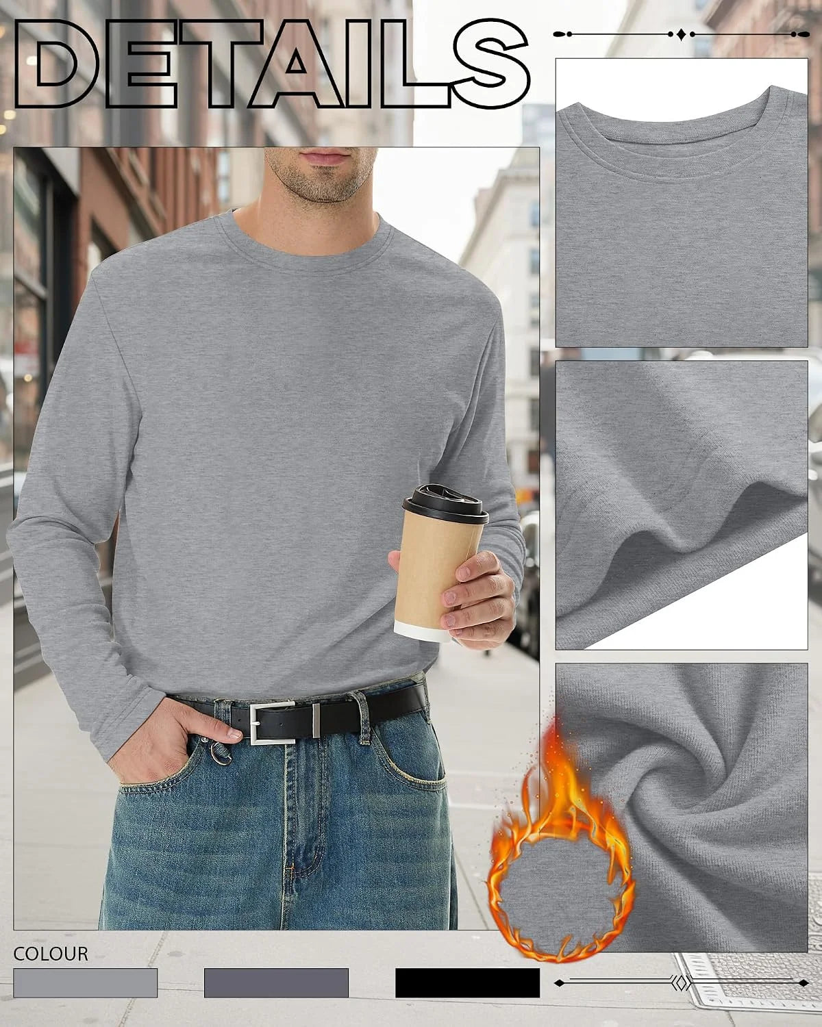 3 Pack Mens Long Sleeve Thermal Shirts Crew Neck Tops
