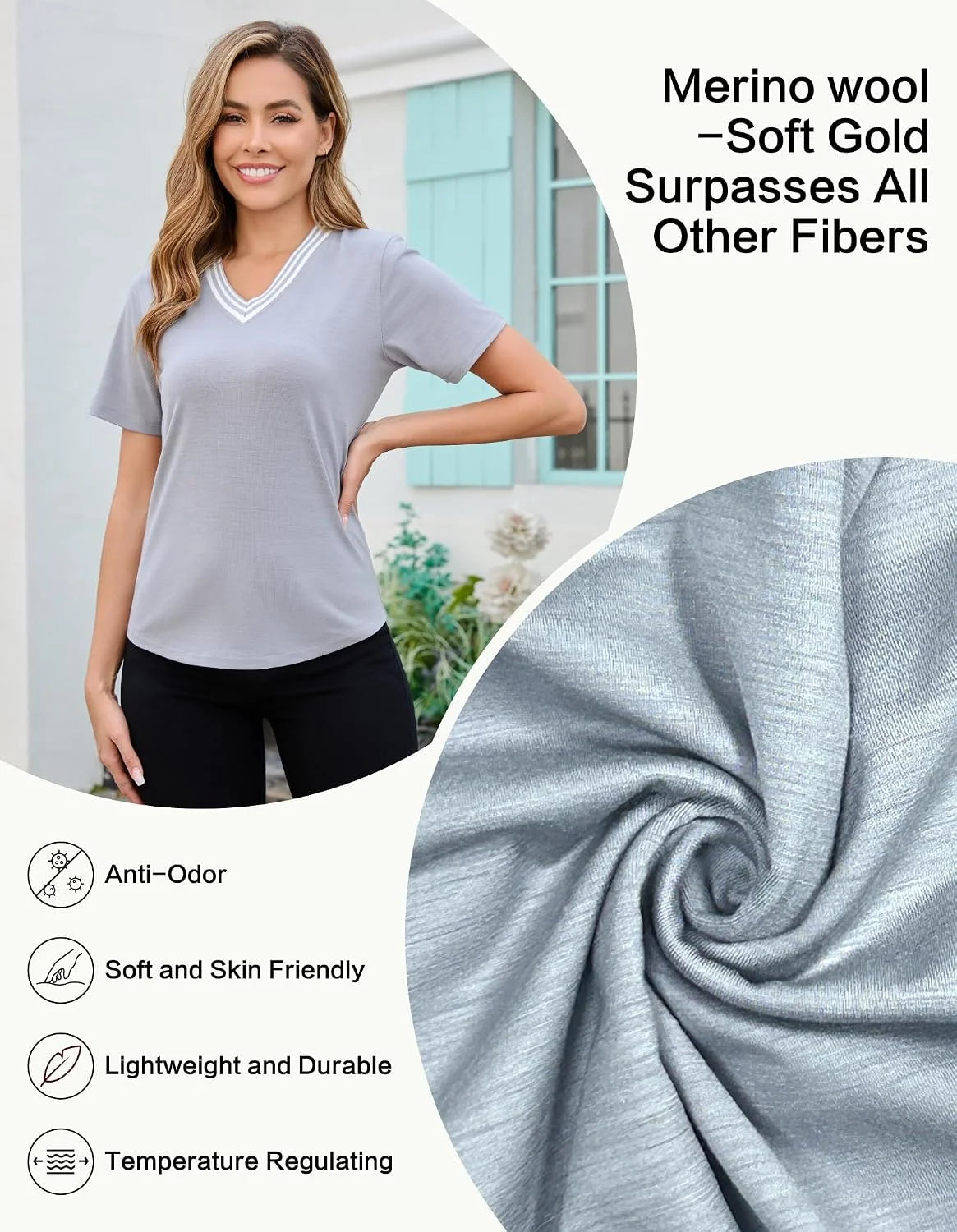 Merino Wool Tops for Women, Short Sleeve Casual and Workout Shirts
