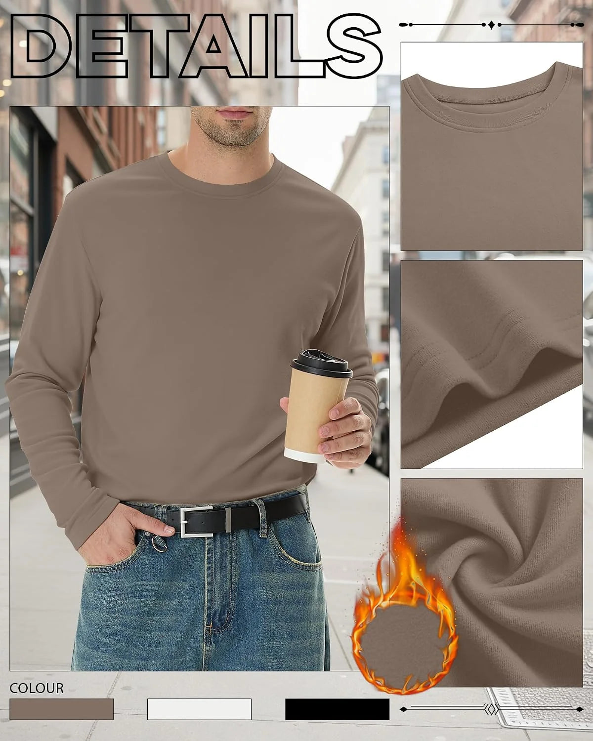 3 Pack Mens Long Sleeve Thermal Shirts Crew Neck Tops