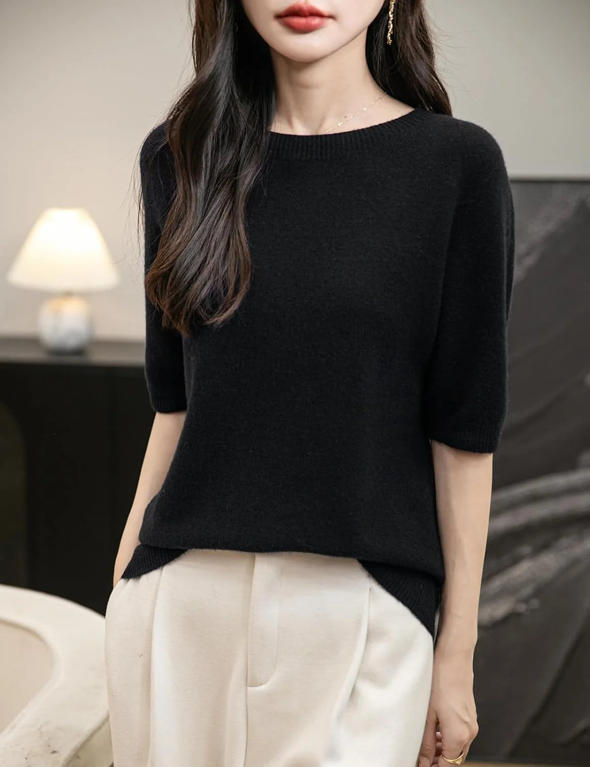Chanyarn Women's 100% Merino Wool Spring Fall Winter First-Line Ready to Wear Seamless Knit Crewneck Short Sleeve Sweater