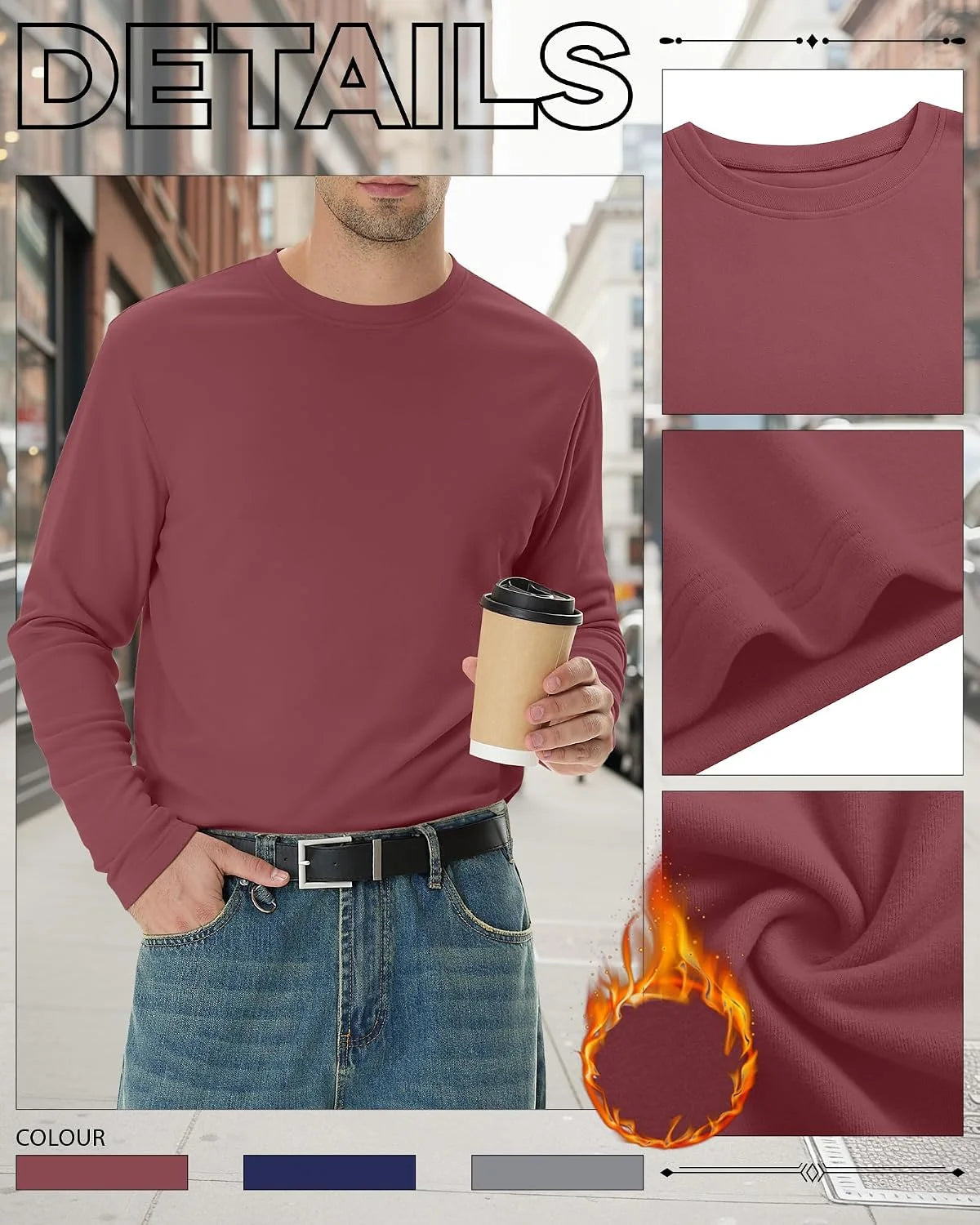 3 Pack Mens Long Sleeve Thermal Shirts Crew Neck Tops