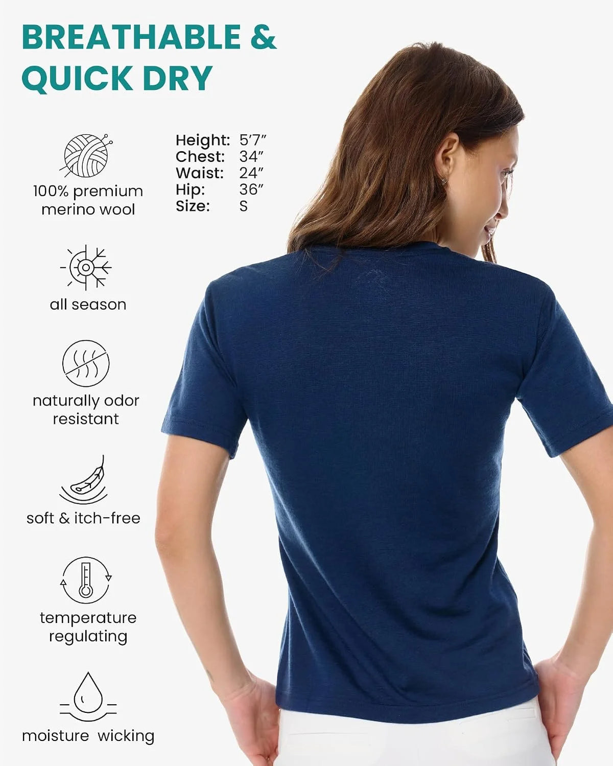 100% Merino Wool Shirt Women - Short Sleeve Tee Base Layer Top Undershirt
