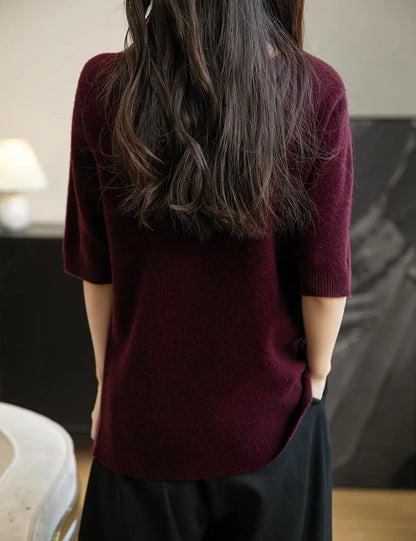 Chanyarn Women's 100% Merino Wool Spring Fall Winter First-Line Ready to Wear Seamless Knit Crewneck Short Sleeve Sweater