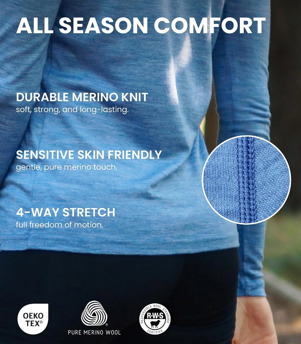 100% Merino Wool Base Layer Women Set - Thermal Underwear Women Top, Bottom
