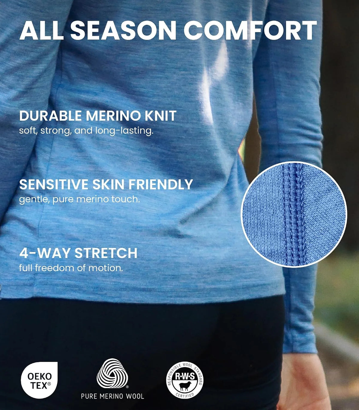 100% Merino Wool Base Layer Women - Long Sleeve Thermal Shirt with Socks