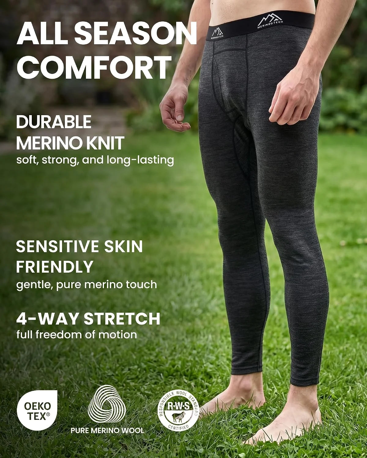 100% Merino Wool Base Layer Mens Long Johns - Thermal Underwear Bottoms | Long and 3/4 Length Thermal Leggins, Breathable, Naturally Odor-Resistant, Ideal for Hiking, Running, Everyday Wear