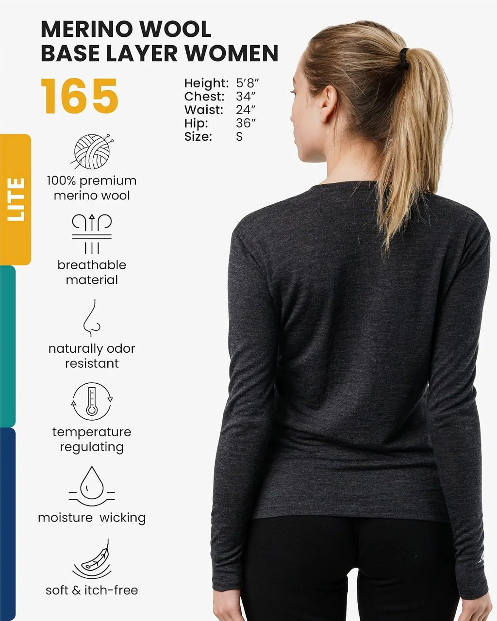 100% Merino Wool Base Layer Women - Long Sleeve Thermal Shirt with Socks