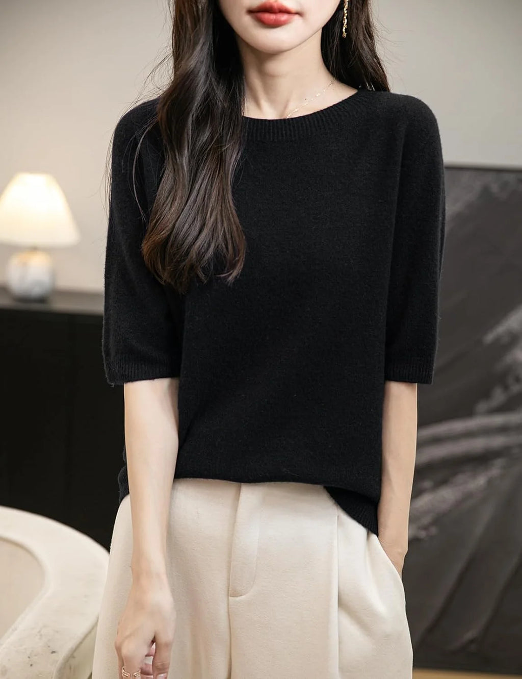 Chanyarn Women's 100% Merino Wool Spring Fall Winter First-Line Ready to Wear Seamless Knit Crewneck Short Sleeve Sweater