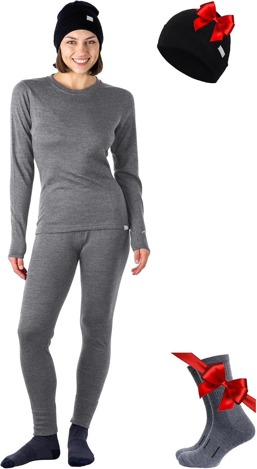 100% Merino Wool Base Layer Women Set - Thermal Underwear Women Top, Bottom | Lightweight, Midweight, Heavyweight Base Layer, Moisture-Wicking, Breathable Active Underwear, Hiking, Skiing, Camping