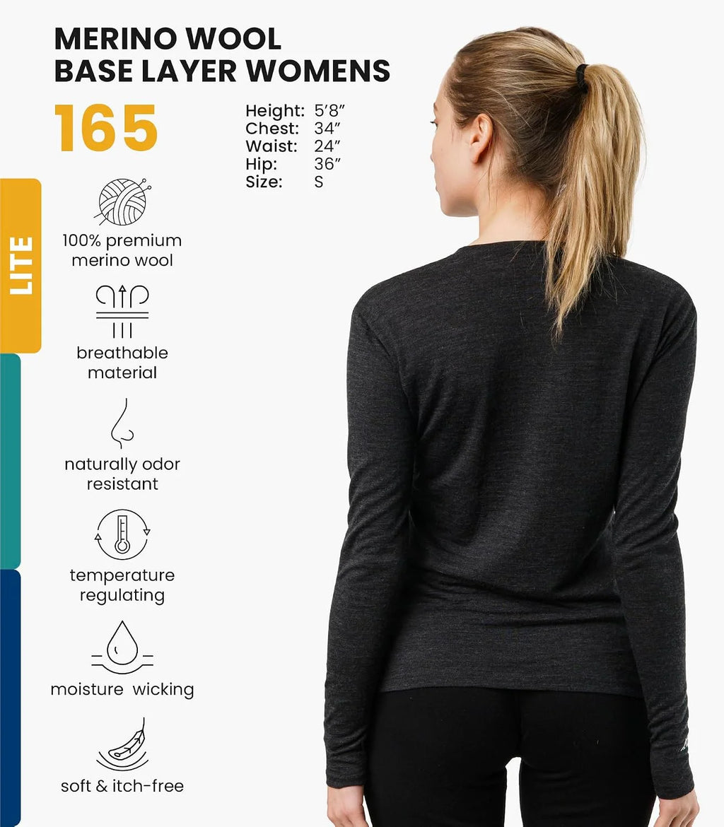 100% Merino Wool Base Layer Women - Long Sleeve Thermal Shirt with Socks