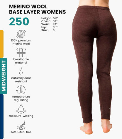 100% Merino Wool Base Layer Women Pants - Thermal Leggings Underwear | Lightweight, Midweight, Heavyweight Base Layer, Breathable Pants, Odor-Resistant, Ideal for Hiking, Skiing, Cold Weather