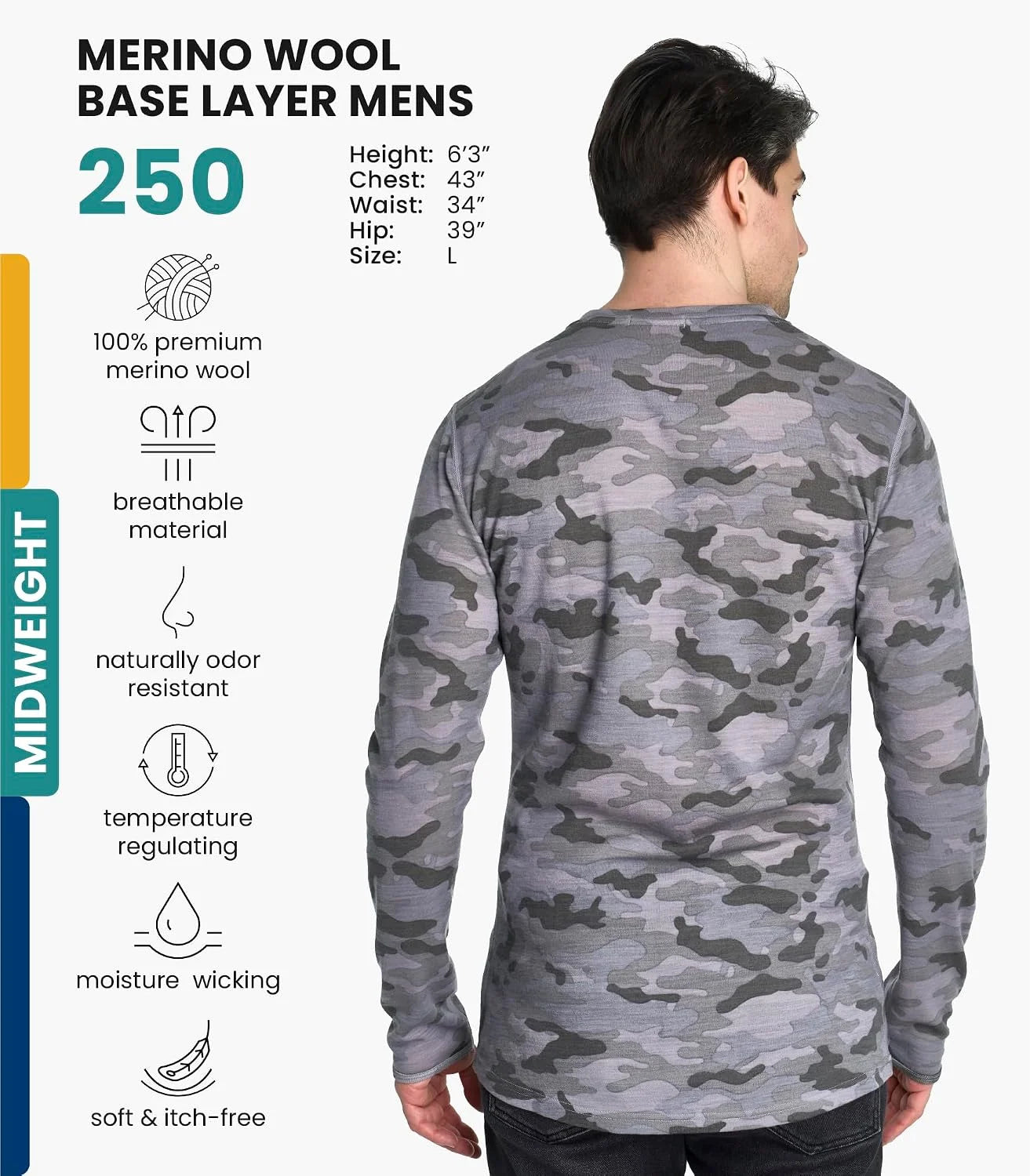 100% Merino Wool Base Layer Mens - Long Sleeve Thermal Shirts with Socks