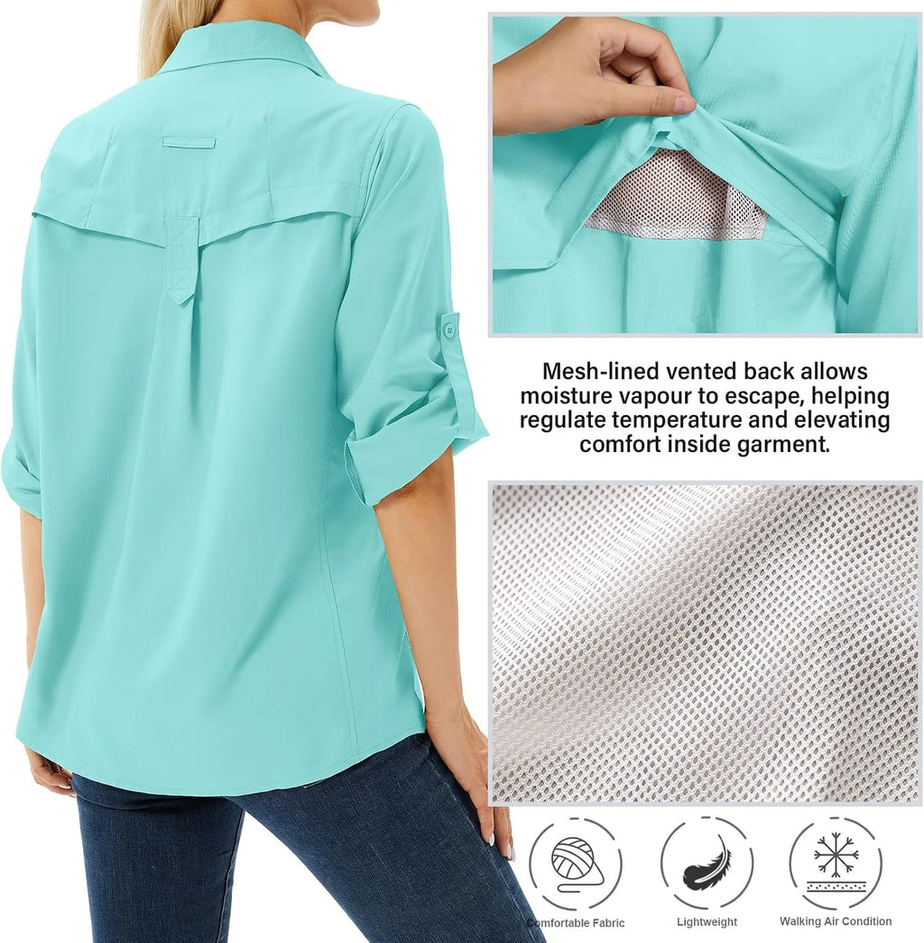 Women's UPF 50 Long Sleeve Sun Protection Safari Fish Hiking Shirts