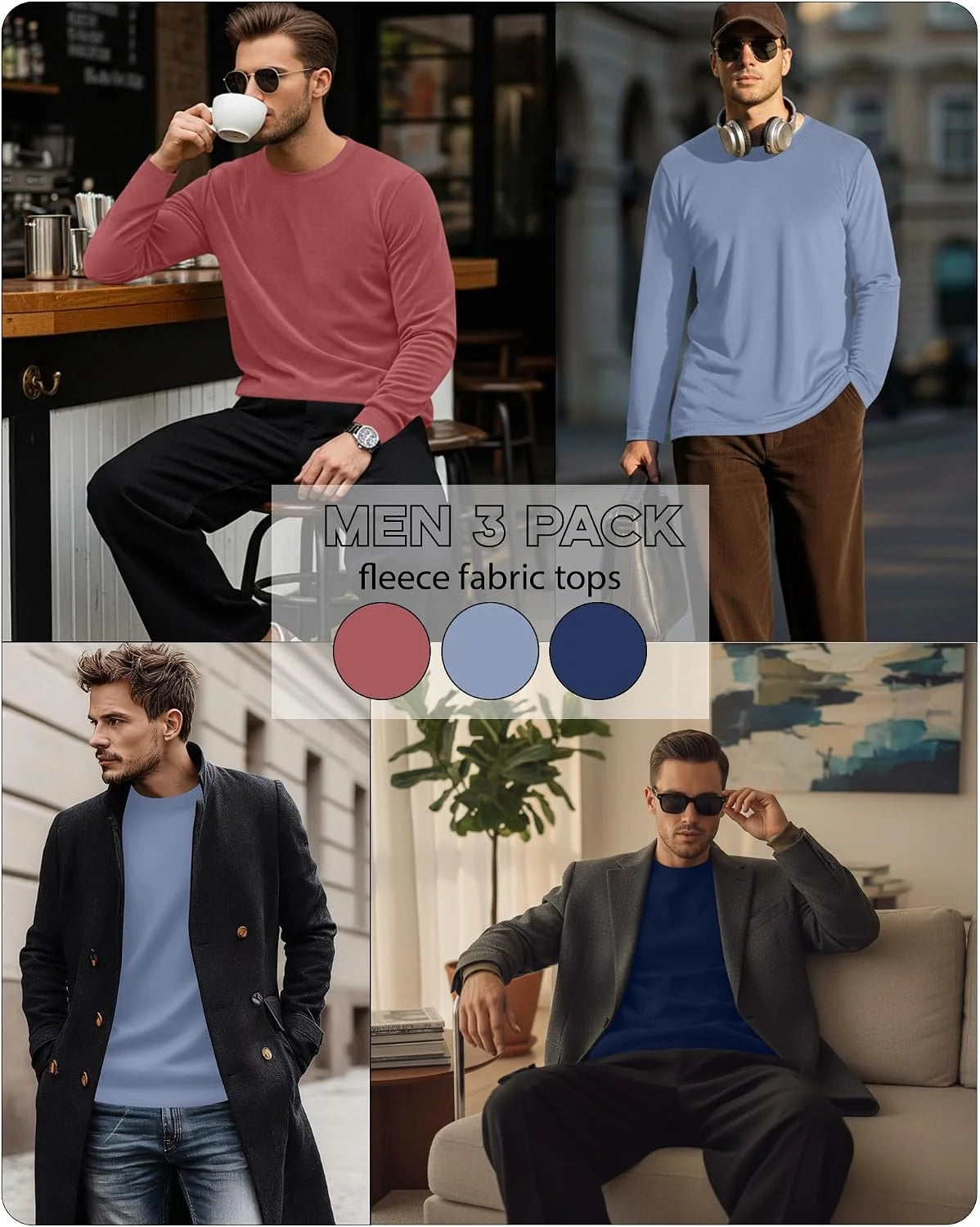3 Pack Mens Long Sleeve Thermal Shirts Crew Neck Tops