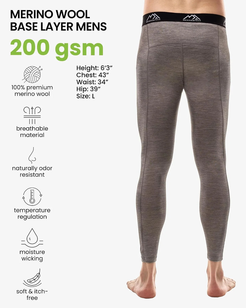 100% Merino Wool Base Layer Mens Long Johns - Thermal Underwear Bottoms