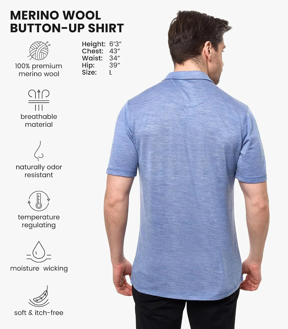 100% Merino Wool Button Up Shirt Men - Long & Short Sleeve Breathable | Lightweight, Breathable Merino Wool, Naturally Odor-Resistant, Soft, Office, Casual Outdoor Shirt, with Pocket