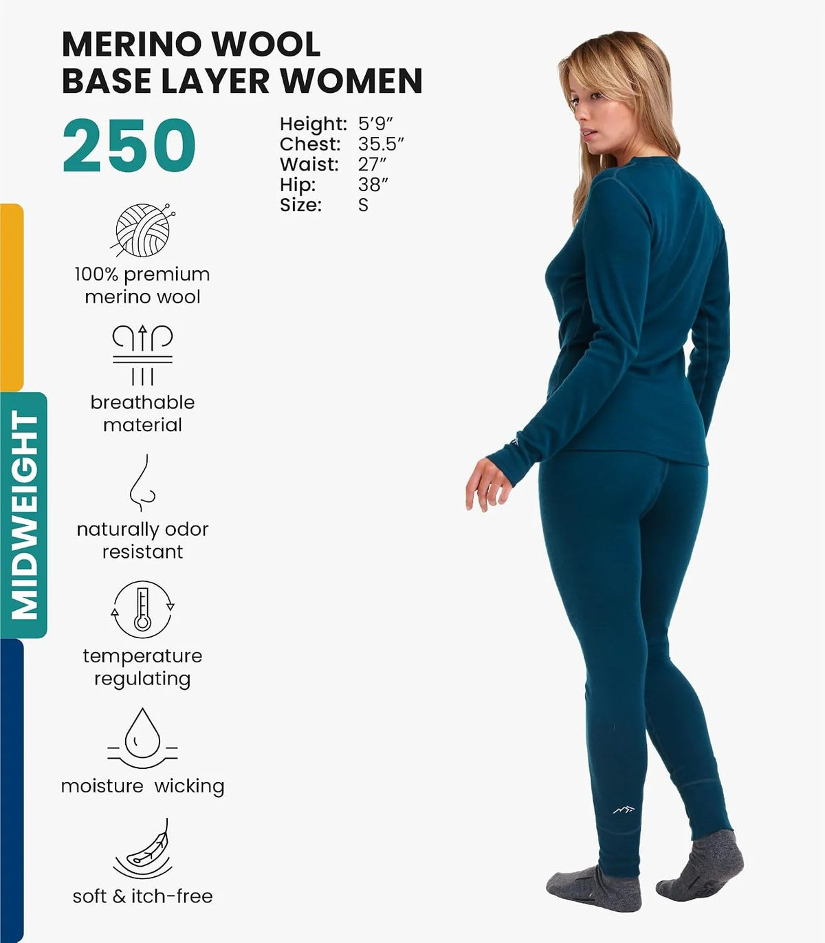 100% Merino Wool Base Layer Women Set - Thermal Underwear Women Top, Bottom | Lightweight, Midweight, Heavyweight Base Layer, Moisture-Wicking, Breathable Active Underwear, Hiking, Skiing, Camping