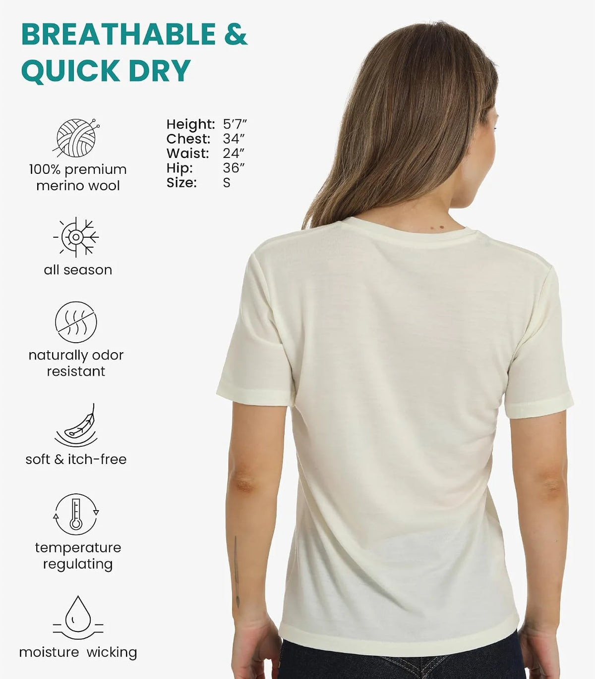 100% Merino Wool Shirt Women - Short Sleeve Tee Base Layer Top Undershirt