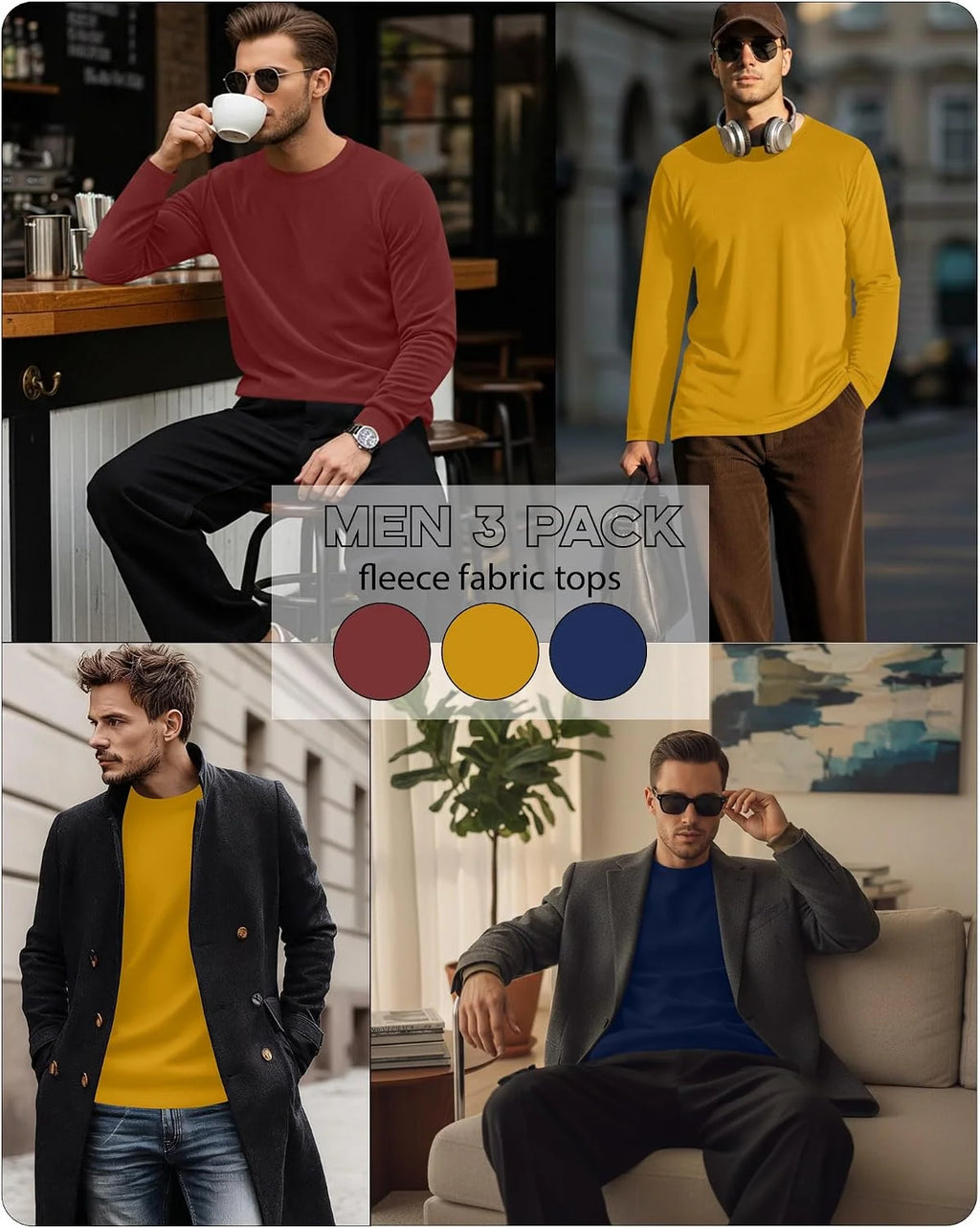 3 Pack Mens Long Sleeve Thermal Shirts Crew Neck Tops