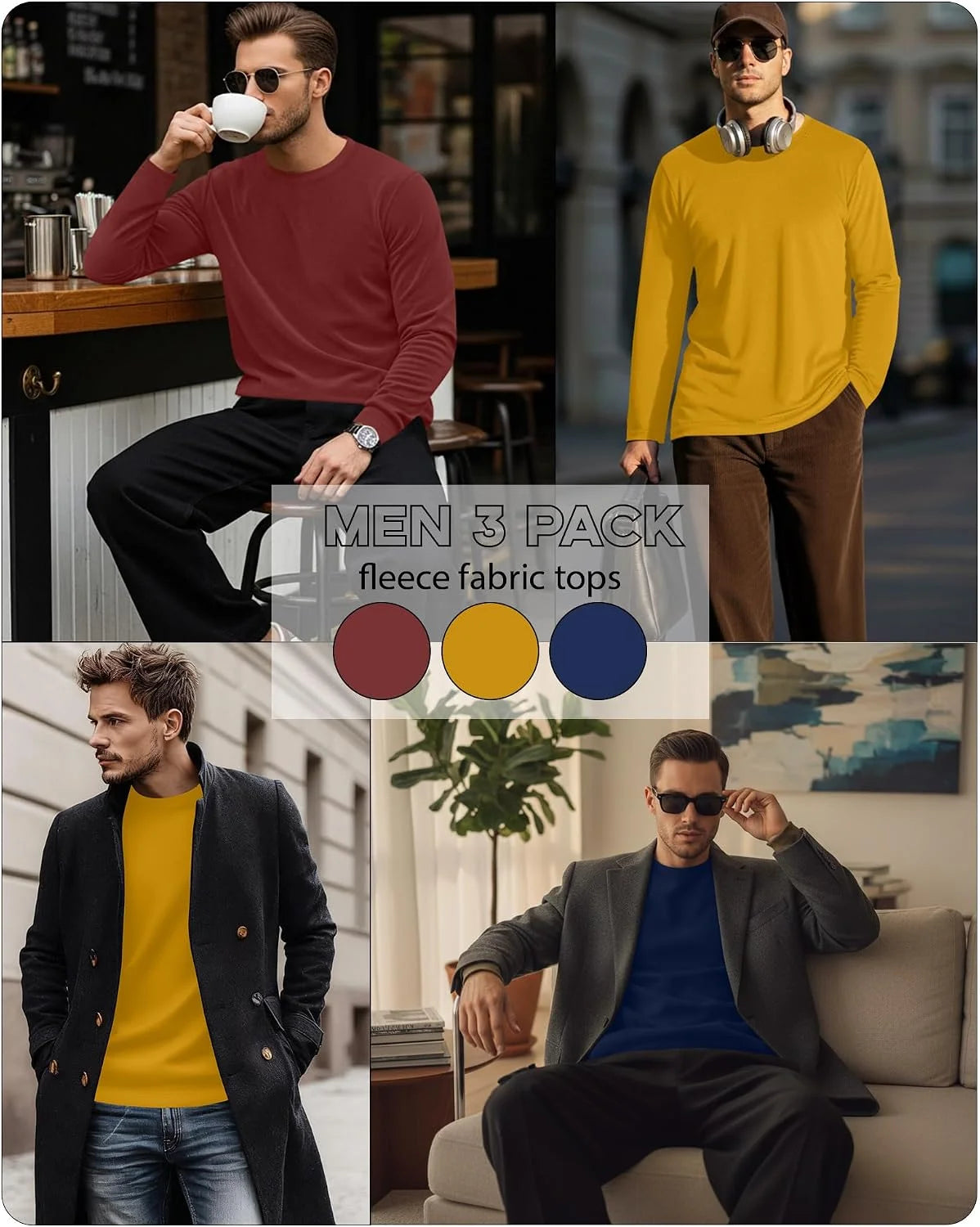 3 Pack Mens Long Sleeve Thermal Shirts Crew Neck Tops
