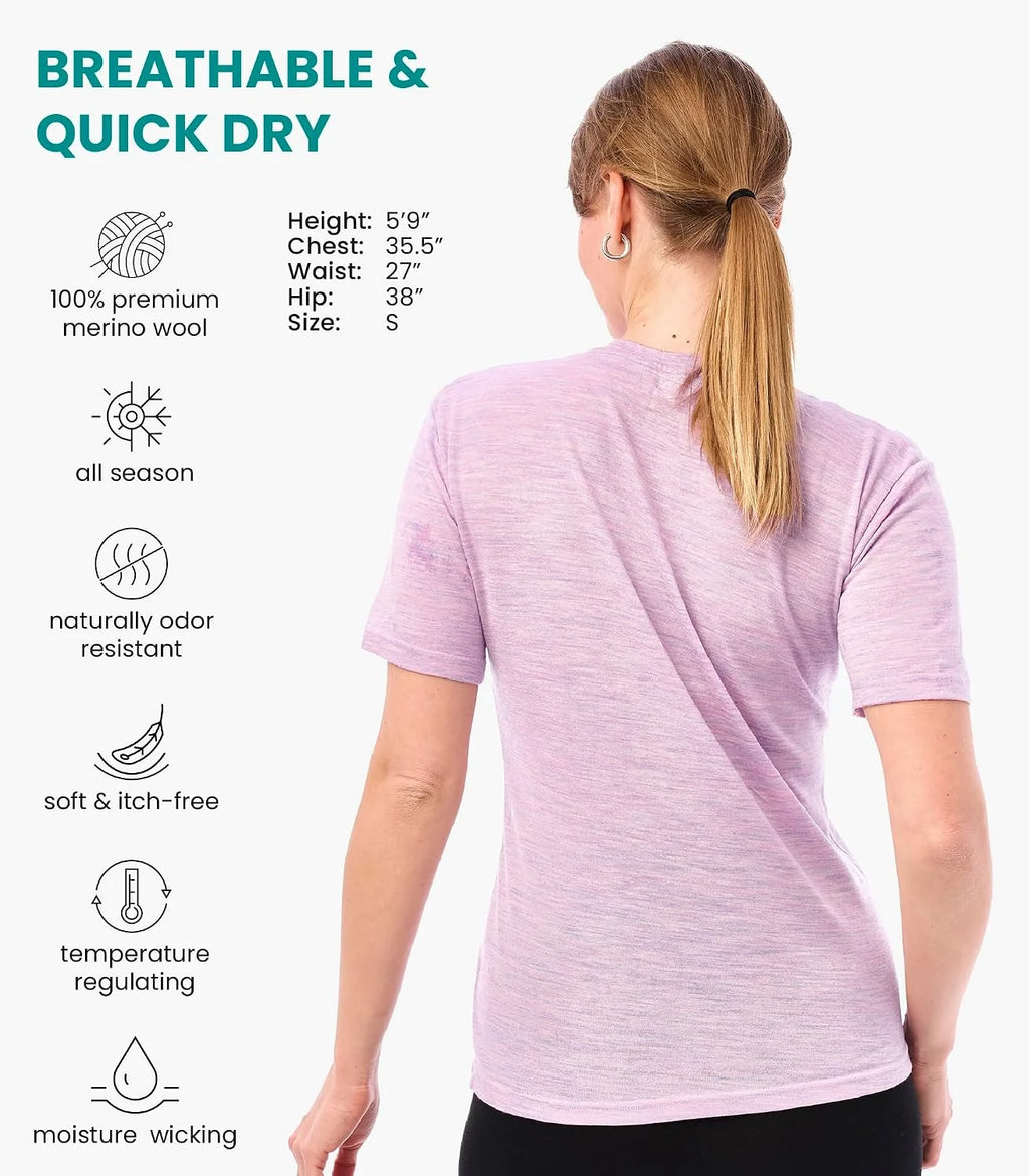100% Merino Wool Shirt Women - Short Sleeve Tee Base Layer Top Undershirt