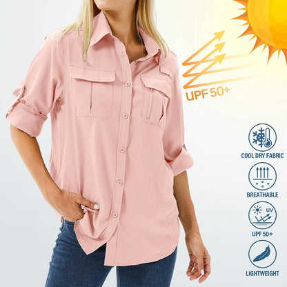 Women's UPF 50 Long Sleeve Sun Protection Safari Fish Hiking Shirts