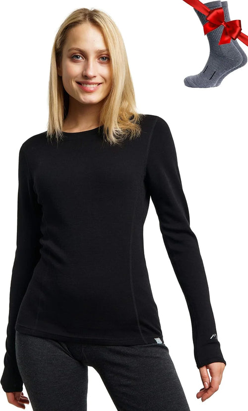 100% Merino Wool Base Layer Women - Long Sleeve Thermal Shirt with Socks | Lightweight, Midweight, Heavyweight Shirts, Naturally Odor-Resistant, Breathable, Hiking, Cold Weather Base Layer