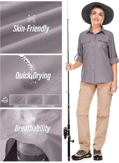 Women's UPF 50 Long Sleeve Sun Protection Safari Fish Hiking Shirts