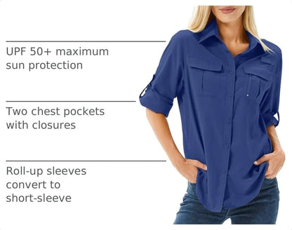 Women's UPF 50 Long Sleeve Sun Protection Safari Fish Hiking Shirts