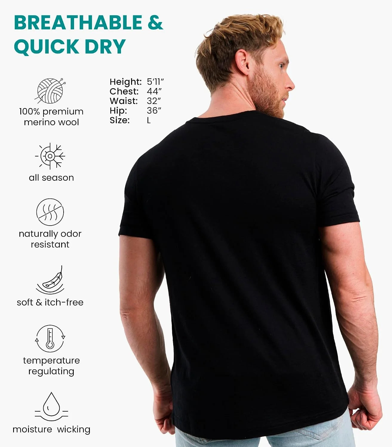 100% Merino Wool T-Shirt Men - Base Layer Top Undershirt with Hiking Socks