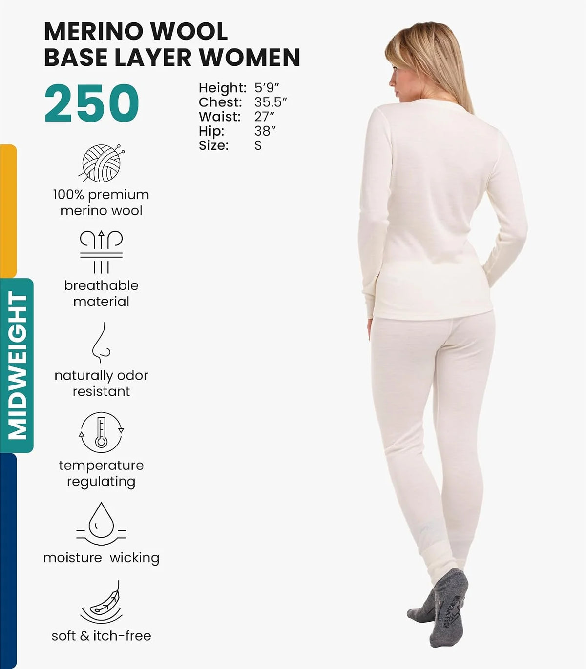 100% Merino Wool Base Layer Women Set - Thermal Underwear Women Top, Bottom