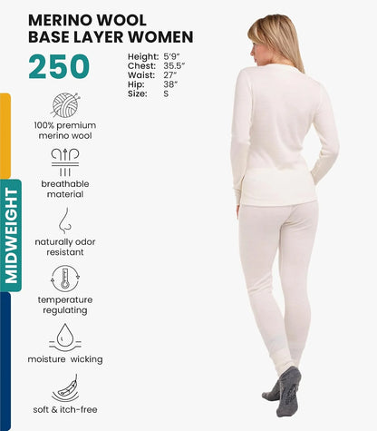 100% Merino Wool Base Layer Women Set - Thermal Underwear Women Top, Bottom