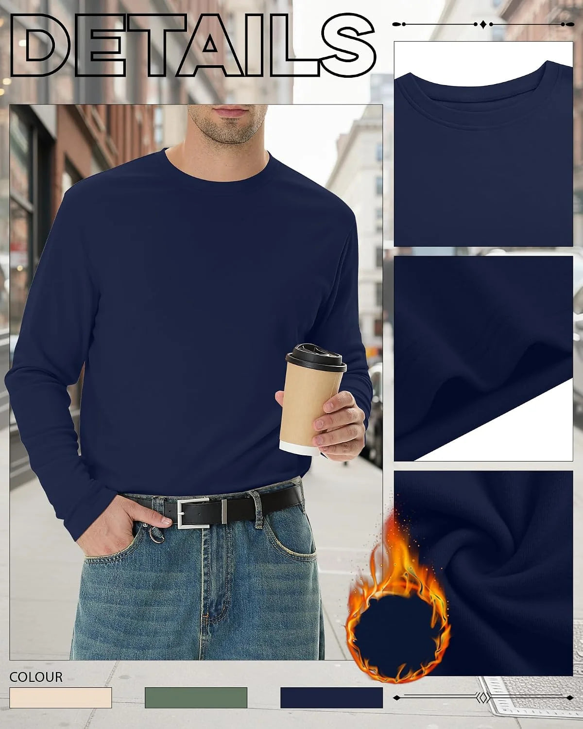 3 Pack Mens Long Sleeve Thermal Shirts Crew Neck Tops