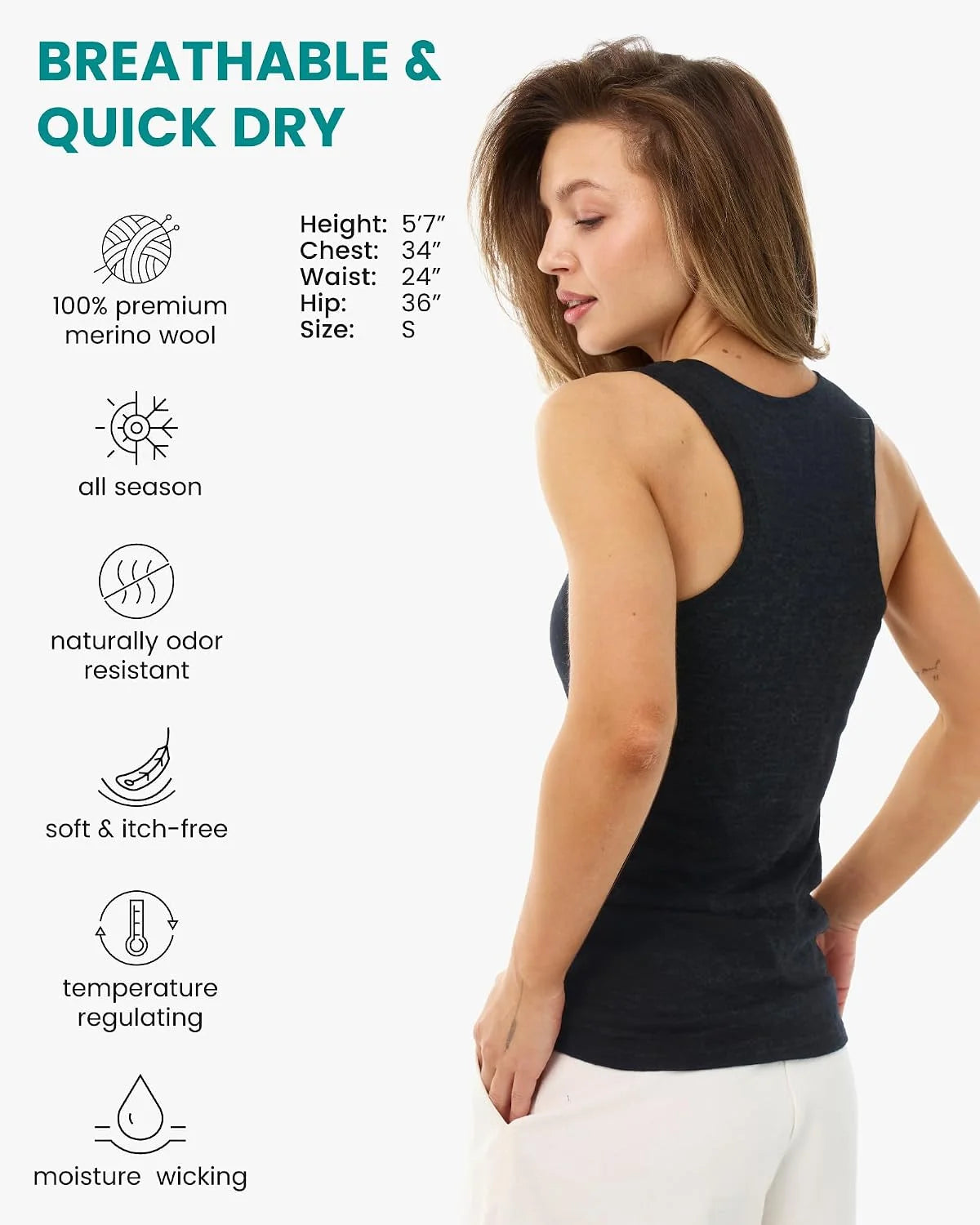 100% Merino Wool Tank Top Women - Active Sleeveless Undershirt Base Layer