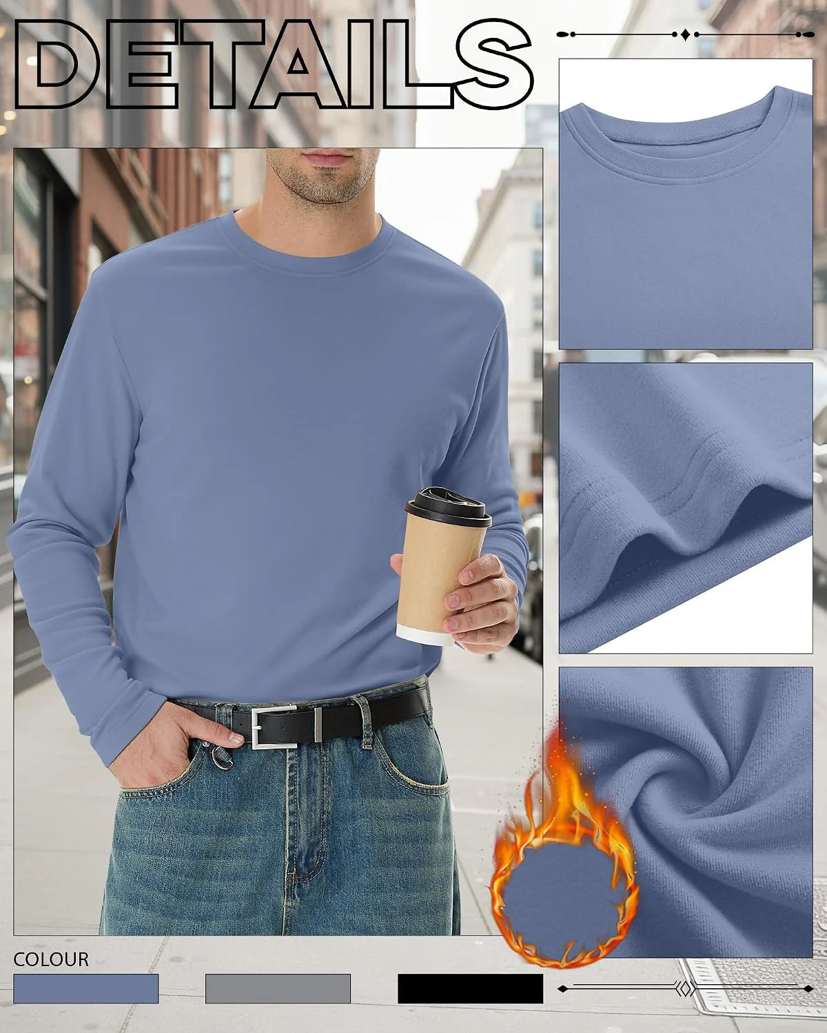 3 Pack Mens Long Sleeve Thermal Shirts Crew Neck Tops