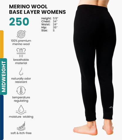 100% Merino Wool Base Layer Women Pants - Thermal Leggings Underwear