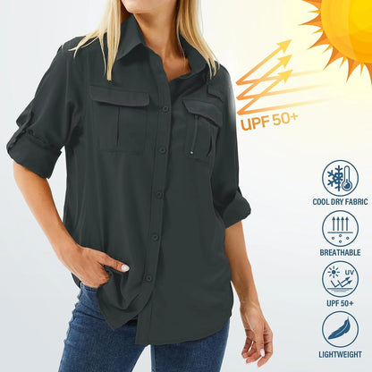 Women's UPF 50 Long Sleeve Sun Protection Safari Fish Hiking Shirts | SPF Safari Clothes for Women,Quick dry Breathable Button Up,Vented Back,Chest Pockets,Glasses Loop,Fishing,Camping,Travel