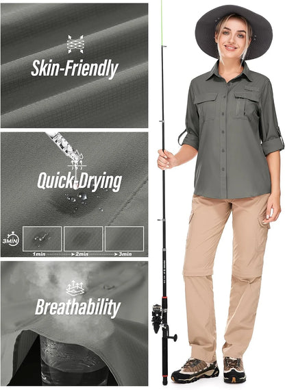 Women's UPF 50 Long Sleeve Sun Protection Safari Fish Hiking Shirts