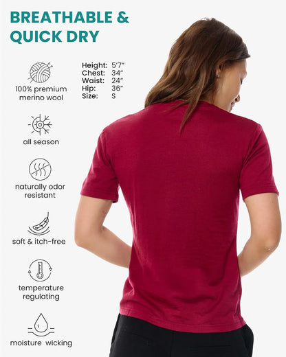 100% Merino Wool Shirt Women - Short Sleeve Tee Base Layer Top Undershirt