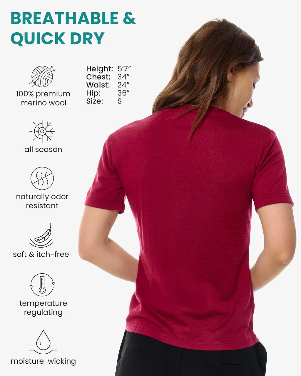 100% Merino Wool Shirt Women - Short Sleeve Tee Base Layer Top Undershirt
